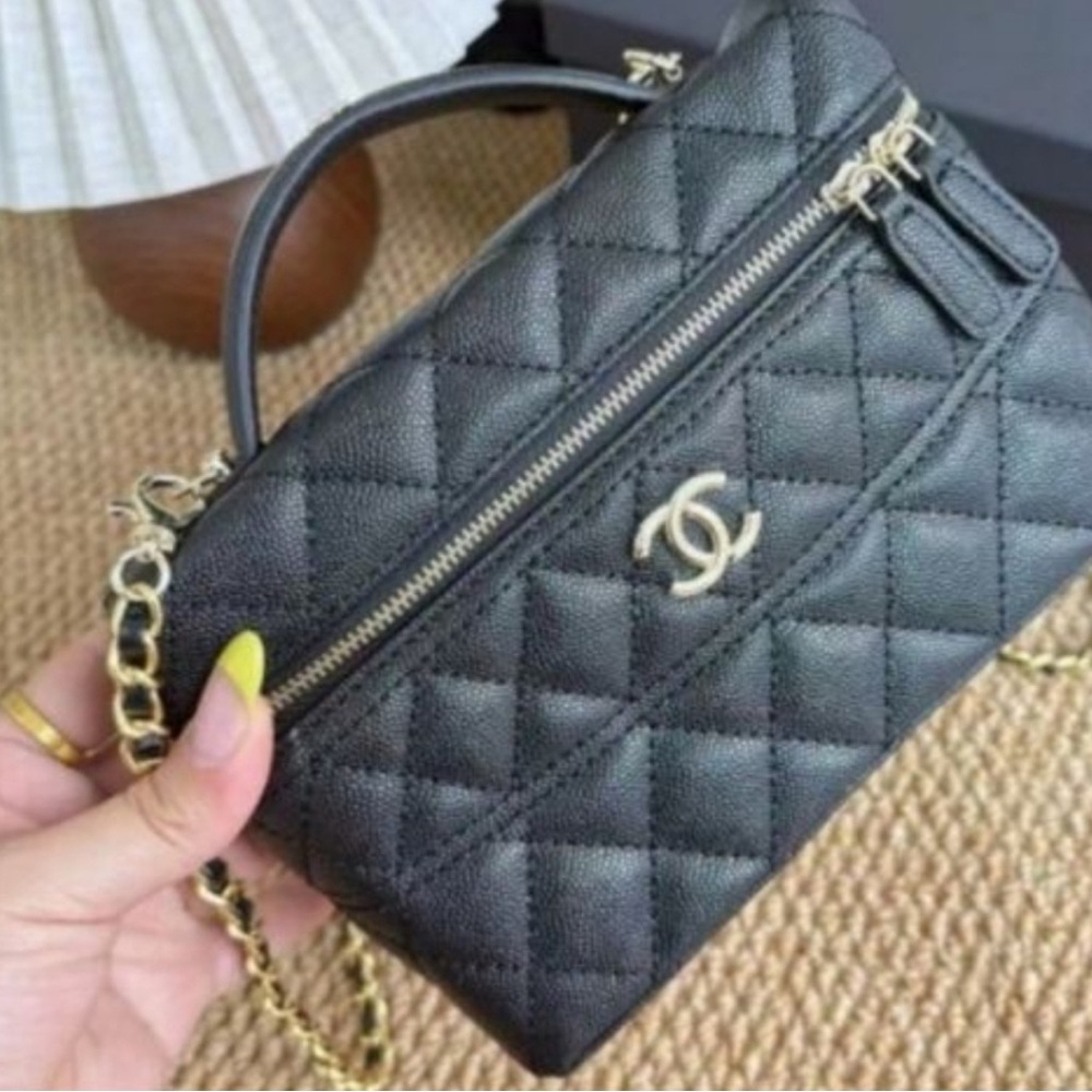 CHANEL Black Quilted Leather GWP beauty Cosmetic Case with Gold Hardware